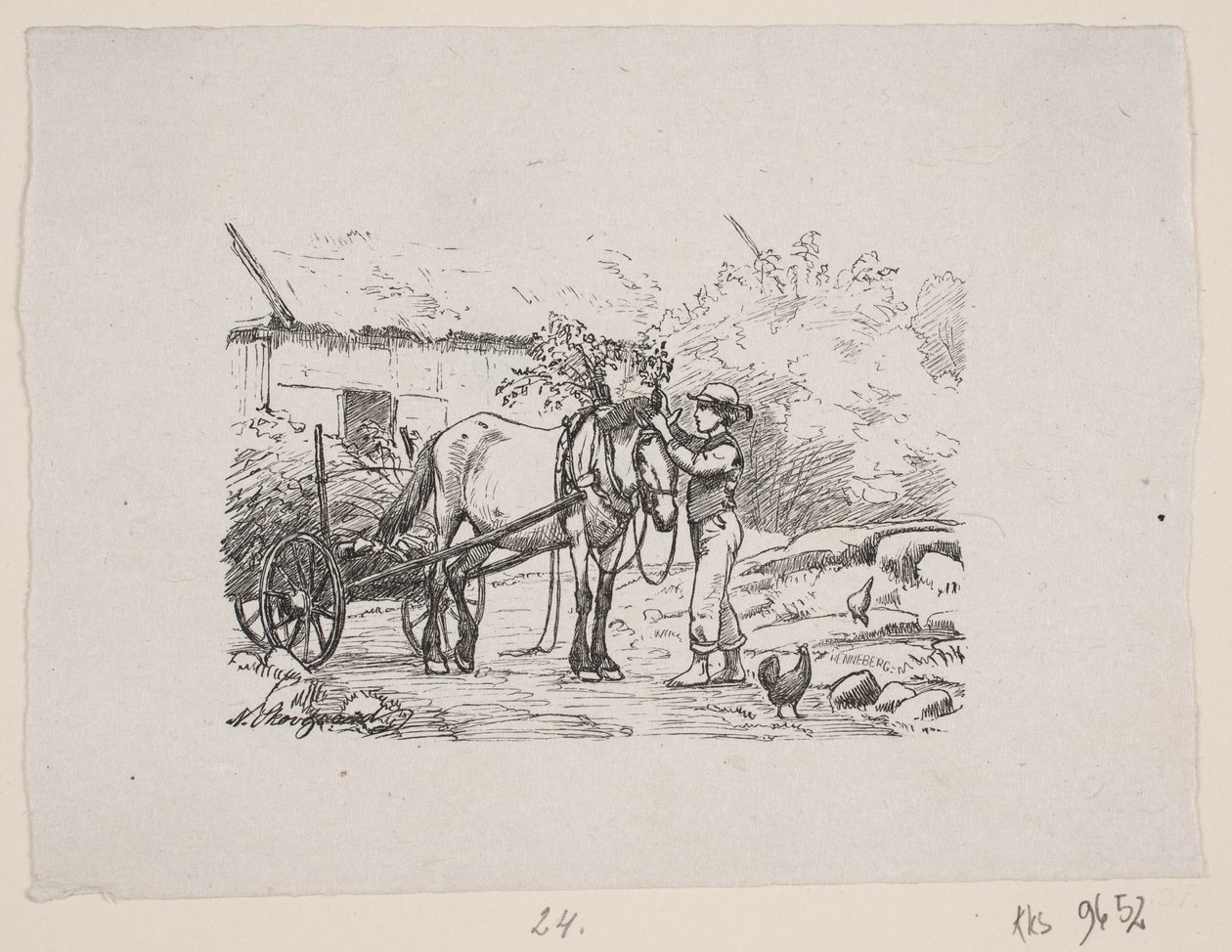 En gutt pynter hestens sele med grønne grener av H. C. Henneberg