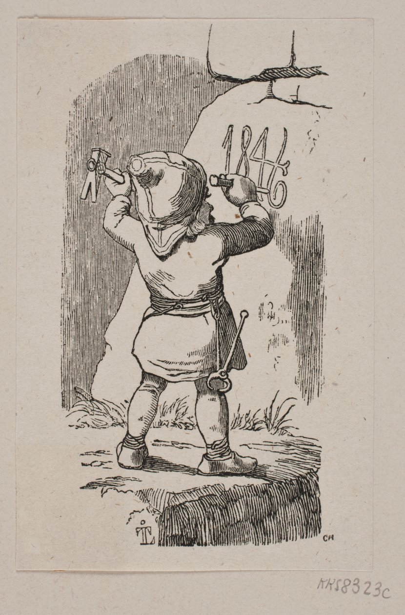 En nisse hugger ut året 1846 i en stein av H. C. Henneberg