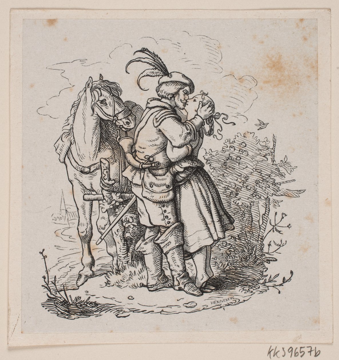 En rytter kysser en ung jente av H. C. Henneberg