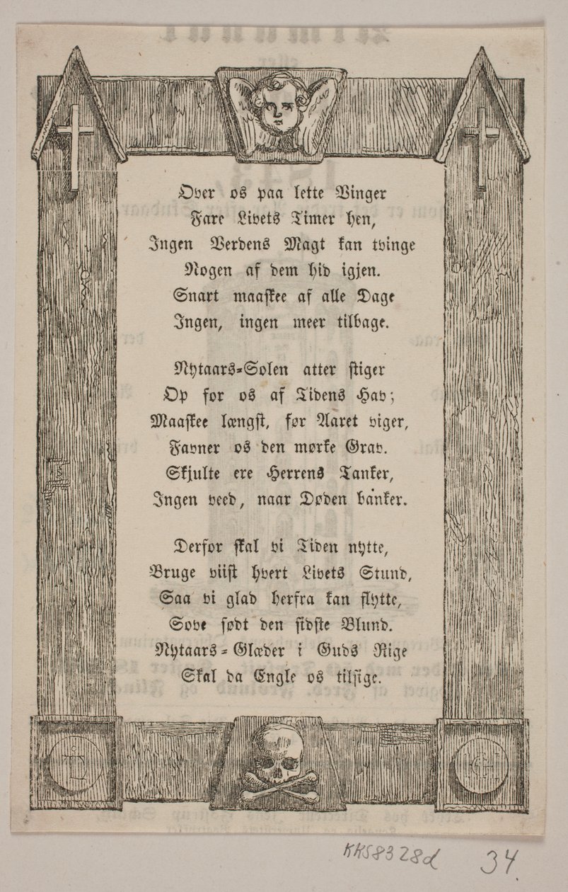 Innramming med englehode, kors og hodeskalle av H. C. Henneberg