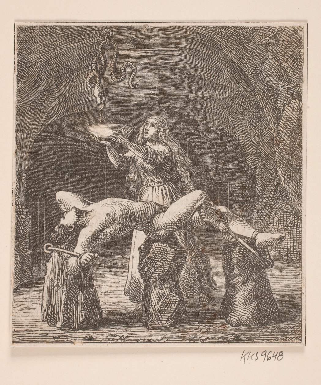 Sigyn holder skålen mellom slangen og Loke av H. C. Henneberg