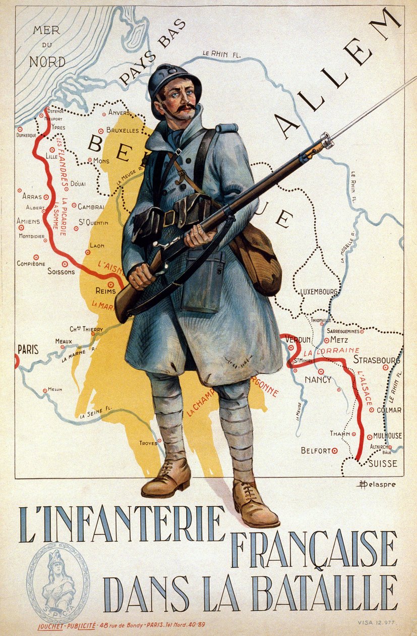 Fransk infanteri i kamp (den røde linjen representerer Hindenburg-linjen) - syk. av H. Delaspre av H. Delaspre