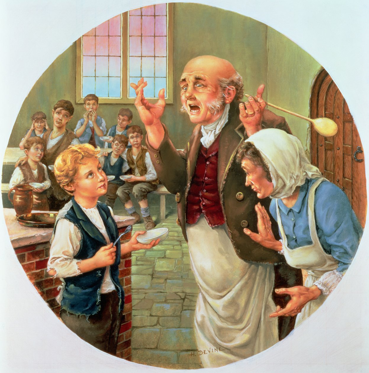 Oliver Twist ber om mer, fra World of Charles Dickens, senere laget som en Spode-plate av H. Devine