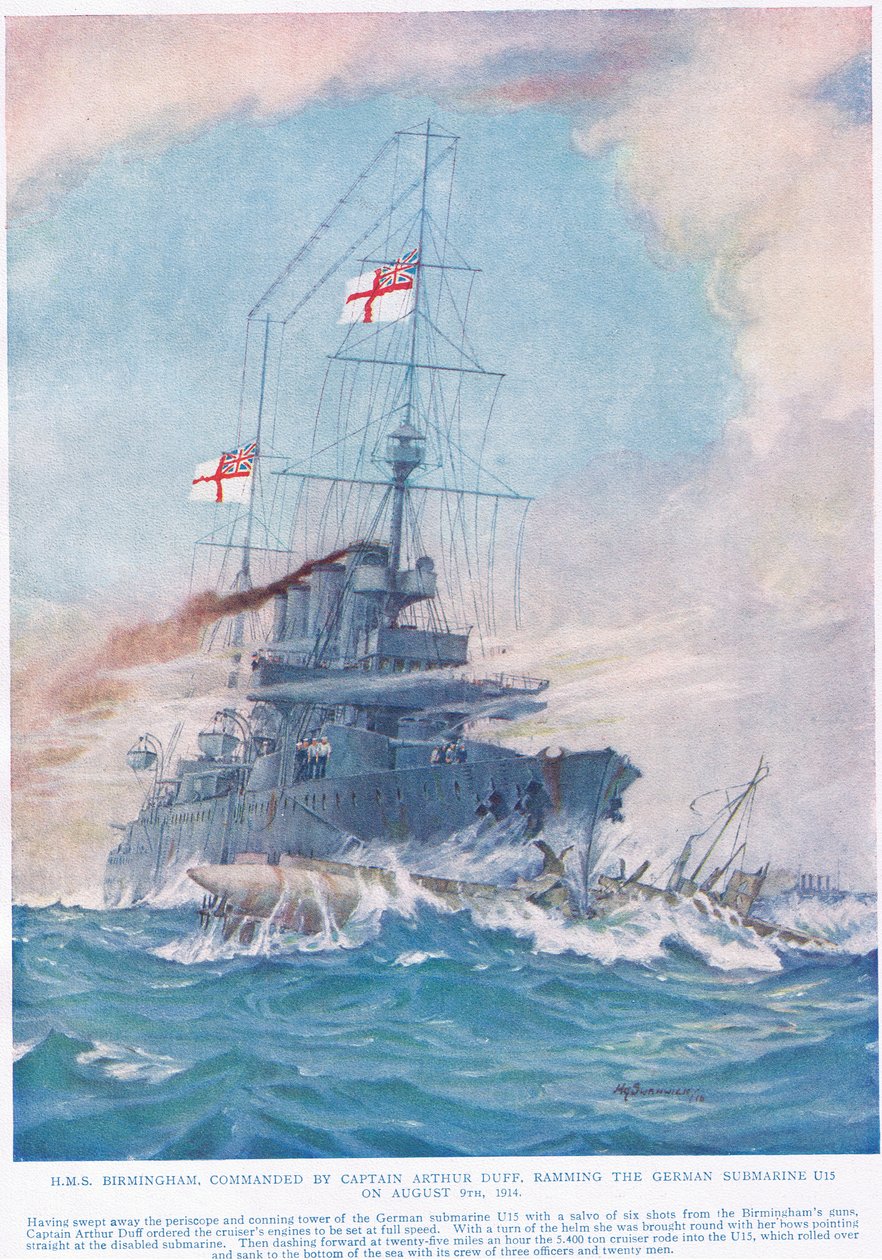 HMS Birmingham kommandert av kaptein Arthur Duff, ramponerte den tyske ubåten U15 9. august 1914, illustrasjon fra 