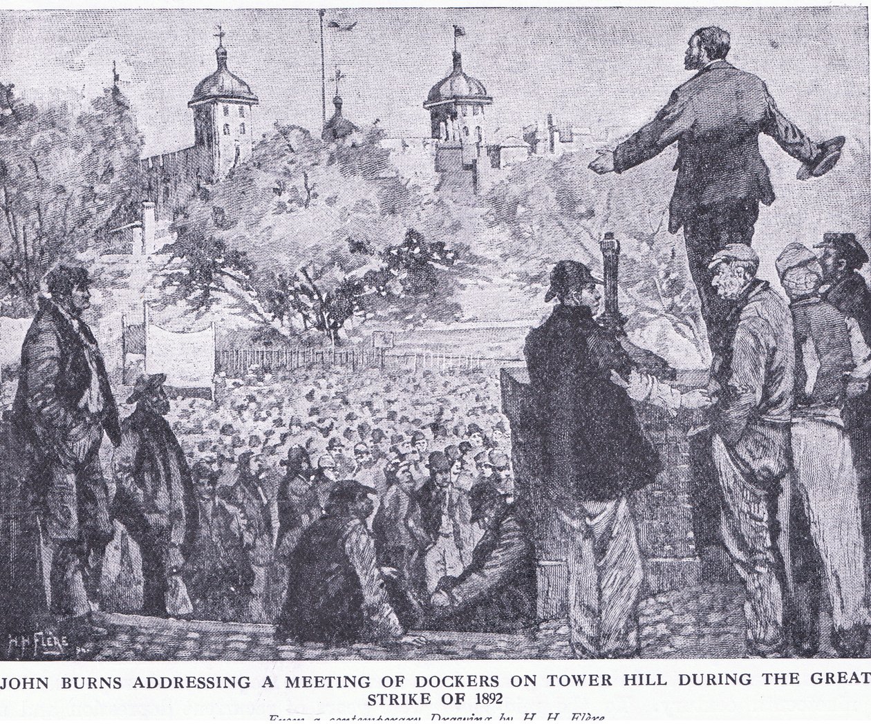 John Burns talte til et møte med havnearbeidere på Tower Hill under den store streiken i 1892, fra Cassells History of the British People utgitt av Waverley Book Company Limited, ca. 1940 av H. H. Flere