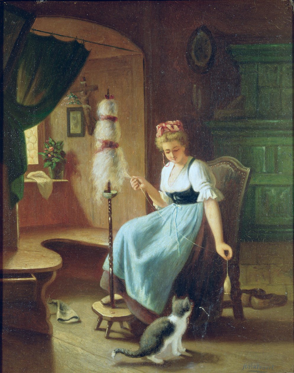 Jente ved et snurrehjul av H Harcourt