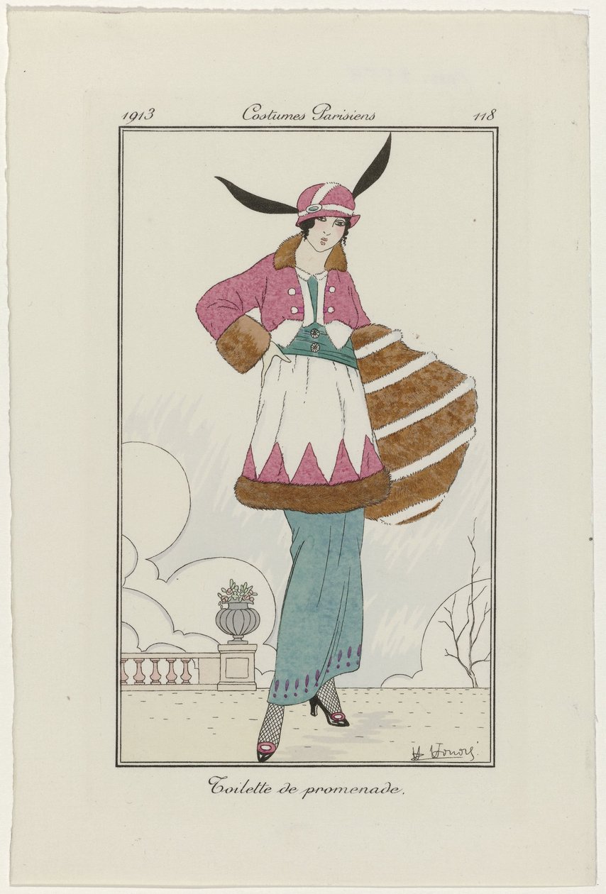 Journal of Ladies and Fashions: the Fashion Illustrators Journal of Ladies and Fashions: Fashion News Journal des Dames et des Modes, Costumes Parisiens, 1913, nr. 118: Toalett for en tur av H. Honore