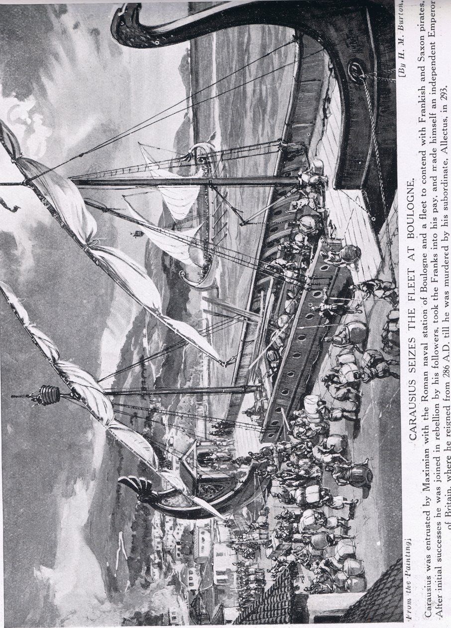 Carausius tar tak i flåten ved Boulogne, illustrasjon fra 'Hutchinson's History of the Nations', ca. 1910 av H. M. Burton