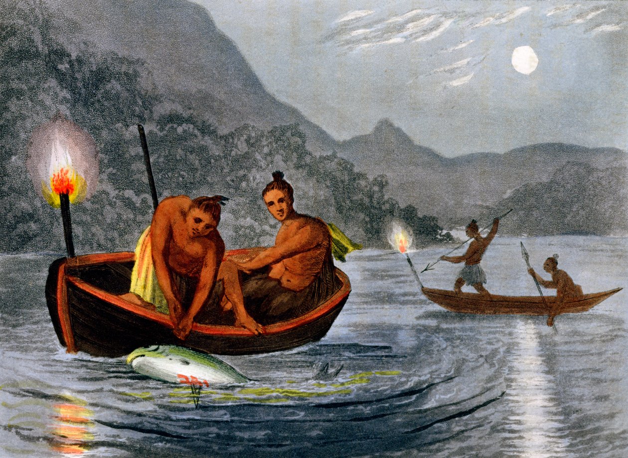 Indianere som fisker med fakkel i Nord-Amerika, 1813 av H Merke