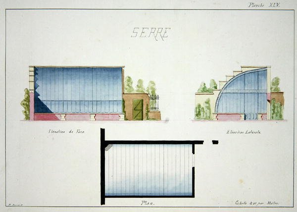 Design for et drivhus med buede glassvegger og tak, fra en folio av originale tegninger i klassisk og tidlig Belle-Epoque-stil, ca. 1870 (penn og blekk på papir) av H. Monnot
