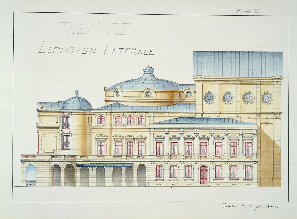 Lateral Elevation of a Theatre, plate VII fra en folio av design, ca. 1870 av H. Monnot