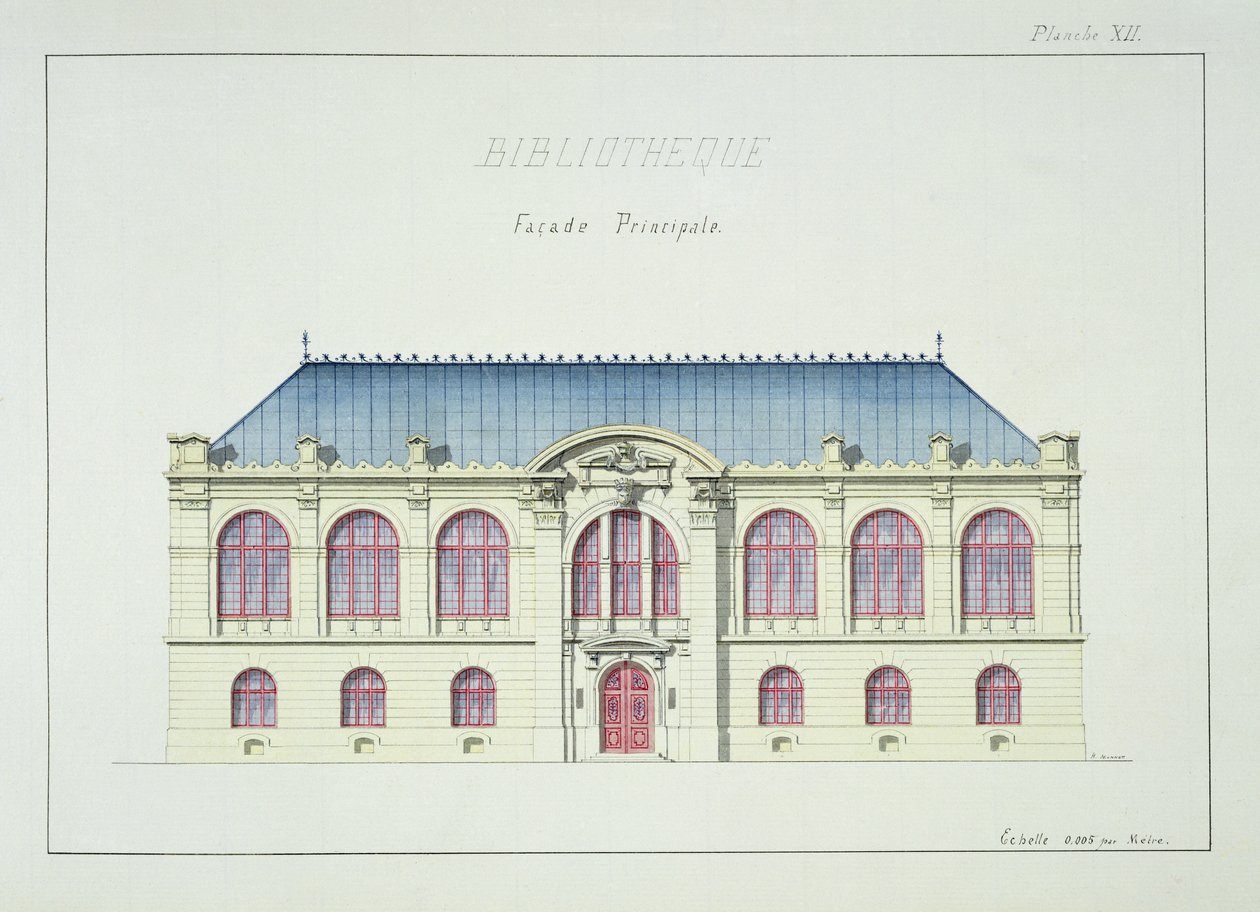 Hovedfasade til et bibliotek, plate XII fra en folio av design, ca. 1870 av H. Monnot