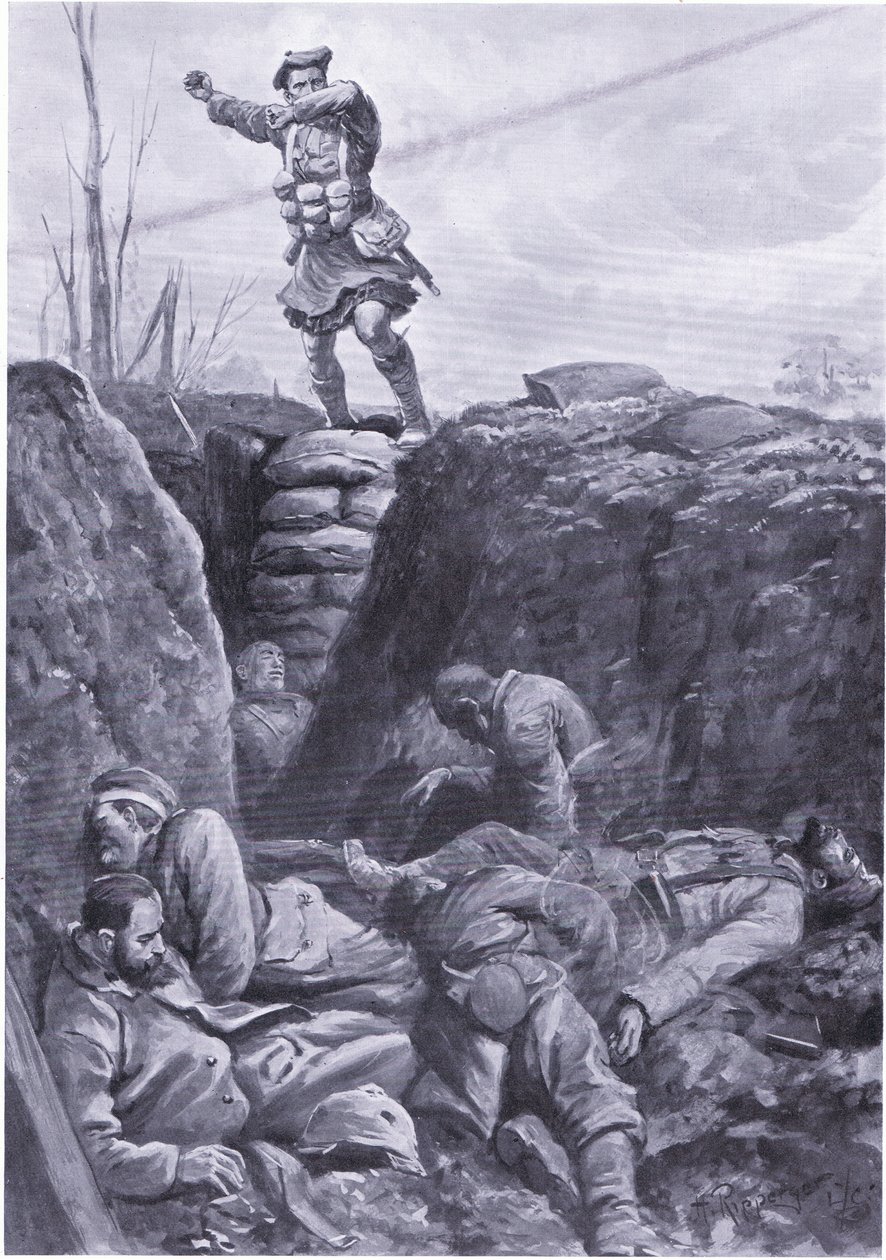 Menig Brown (Gordon Highlander) bomber fienden i en tysk skyttergrav fra toppen av en barrikade. (litho) av H. Ripperger