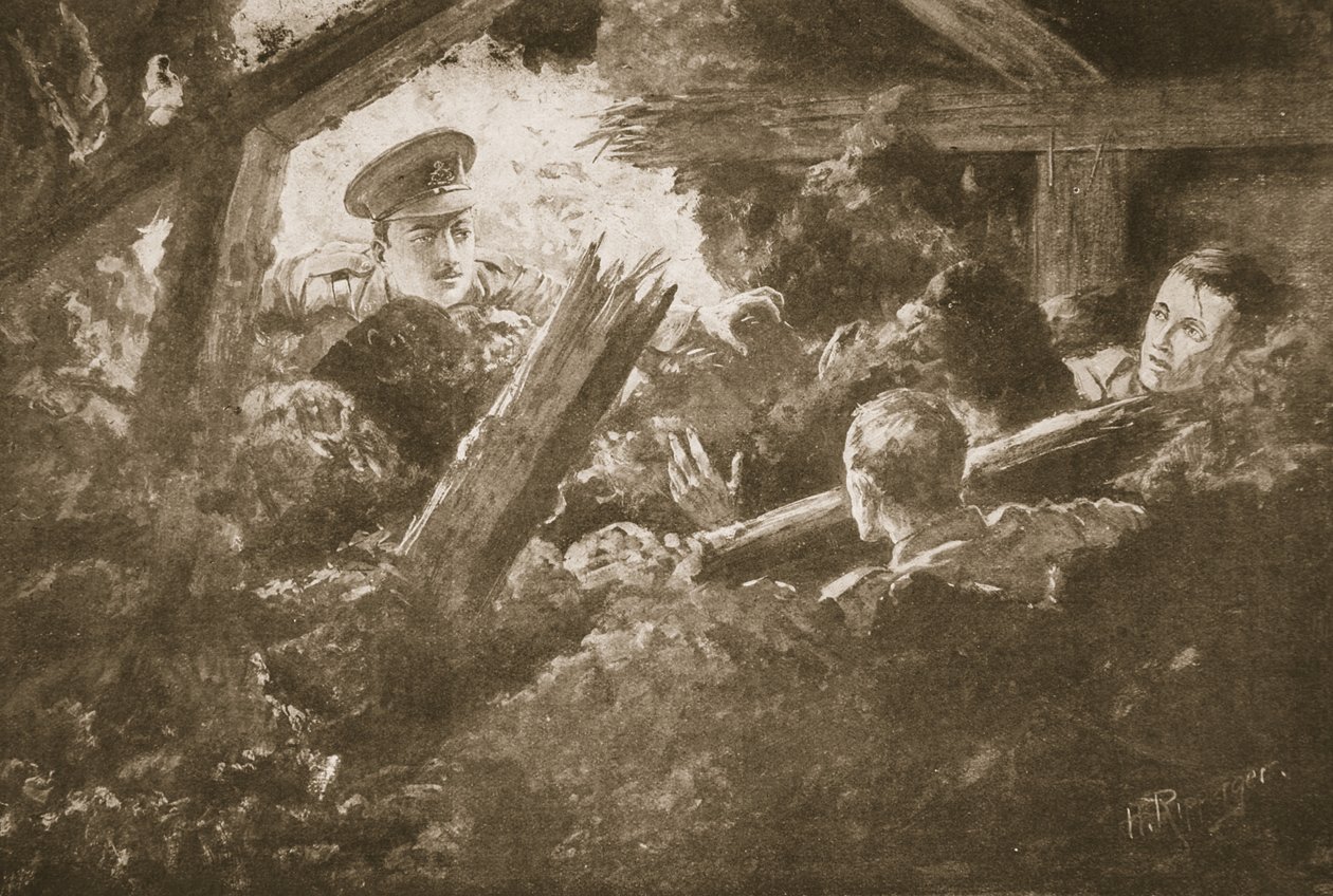 Sekundløytnant C.F.H. Calvert graver opp og redder to menn fra et gruvegalleri som hadde falt inn av H. Ripperger