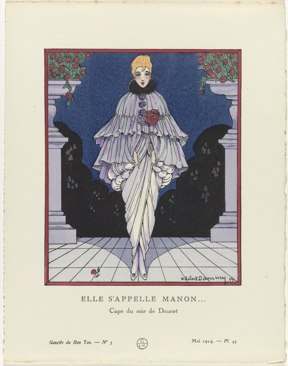 Gazette du Bon Ton, 1914 - nr. 5, pl. 45: Hennes navn er Manon (...) / Evening cape av Doucet (tittel på objekt) av H. Robert Dammy