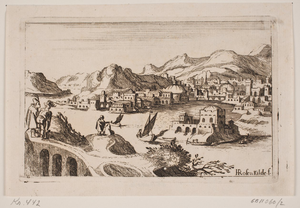 Kupert kystlandskap med orientalske bygninger av H. Rosenkilde
