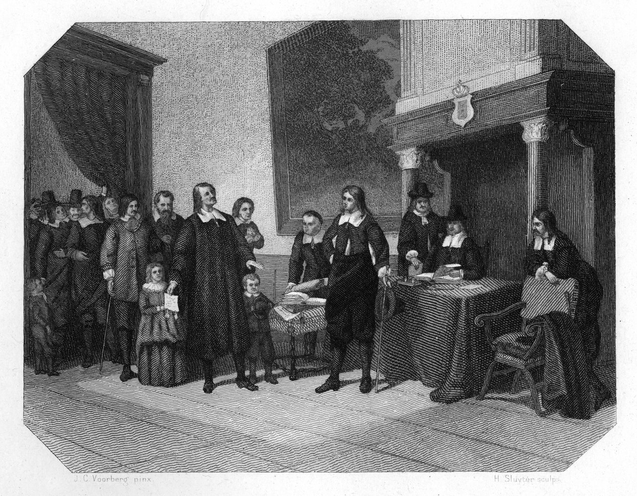 Mottak de franske protestantene i Amsterdam, sent på 1600-tallet c1870 av H. Sluyter