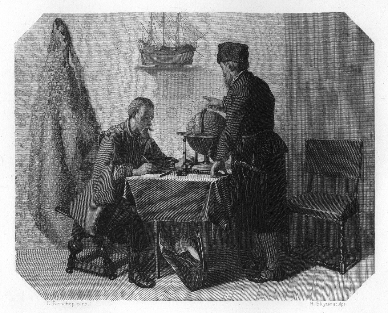 Willem Barents og Jacob van Heemskerk kartlegger ruten deres, 1596 c1870 av H. Sluyter