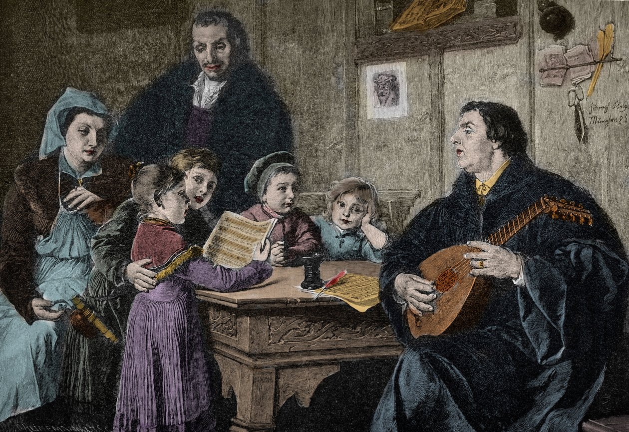 Martin Luther (1483-1546) midt i familien (gravering etter H Stelzner) av H. Stelzner