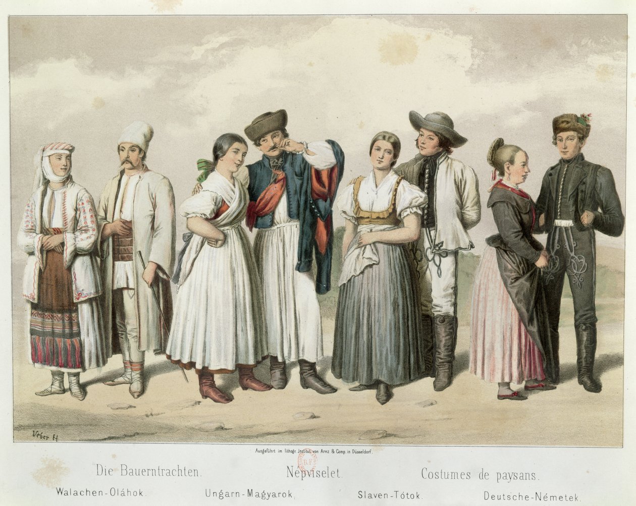 Kostymer til bønder fra (L til R) Romania, Ungarn, Slovakia og Tyskland, fra 'Esquisses de la Vie Populaire en Hongriche' av Gabriel de Pronay, 1855 av H. Veber