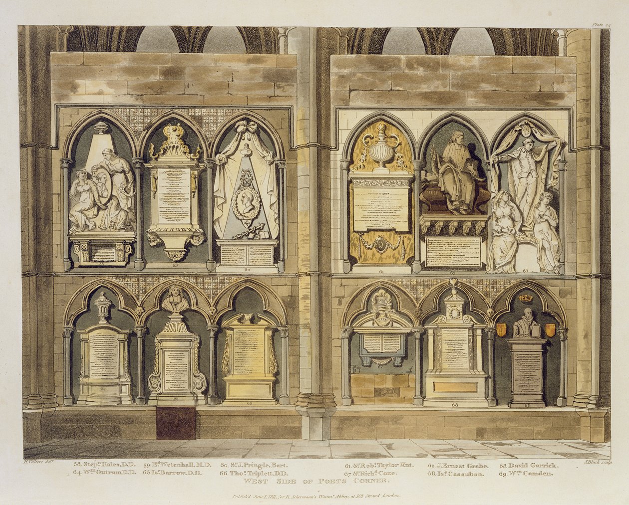 West Side of Poets Corner, plate 24 fra Westminster Abbey, gravert av puben J. Bluck (fl.1791-1831). av Rudolph Ackermann (1764-1834) 1811 (akvatint) av H. Villiers