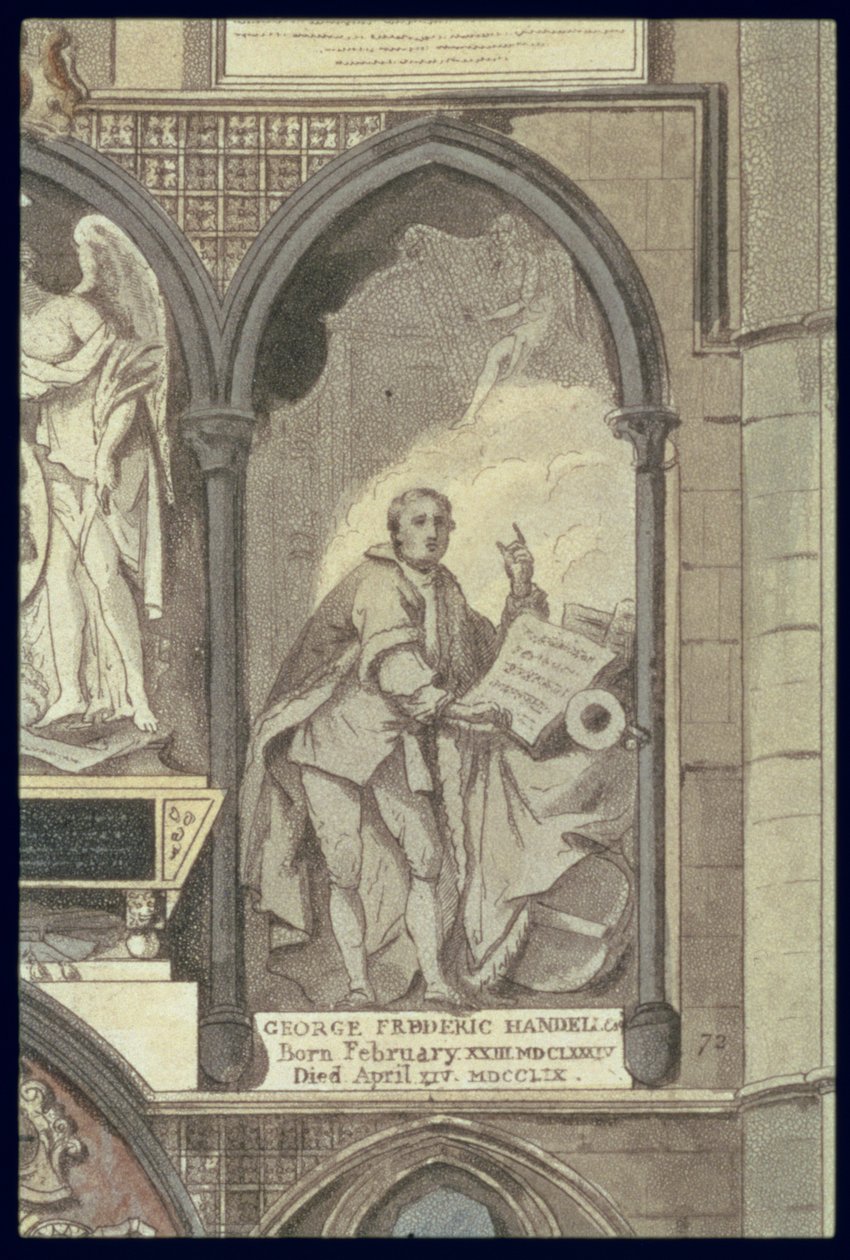 West Side of Poets Corner, plate 25 fra Westminster Abbey, detalj av begravelsesmonumentet til George Frederick Handel 1685-1759, gravert av J. Bluck fl.1791-1831 pub. av Rudolph Ackermann 1764-1834 1 av H. Villiers