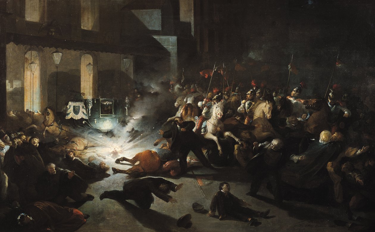 Attentatforsøket på keiser Napoleon III (1808-73) av Felice Orsini (1819-59) 14. januar 1858, 1862 av H. Vittori Romano