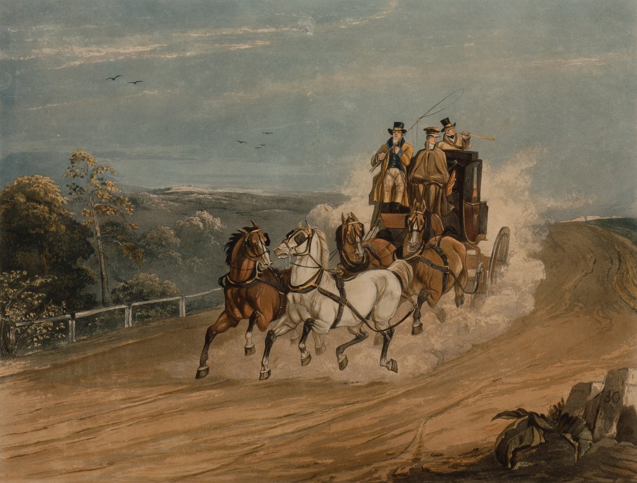 The Post Coach behind Time (farget gravering) av H. Walker