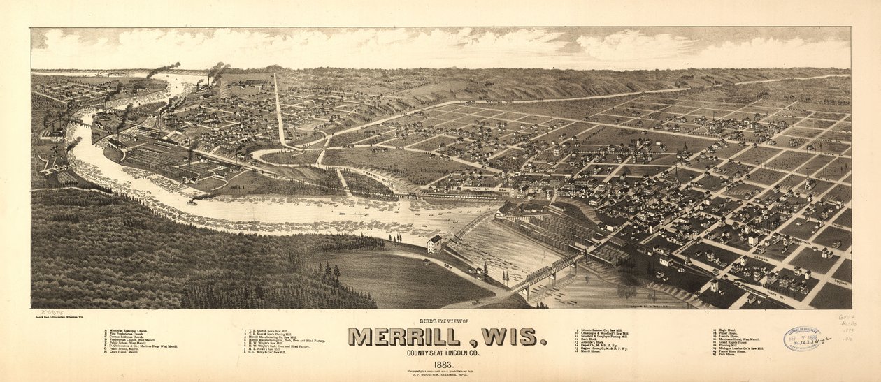 Fugleperspektiv av Merrill, Wisconsin fylkessete Lincoln Co. 1883. LOC 75696715 av H. Wellge