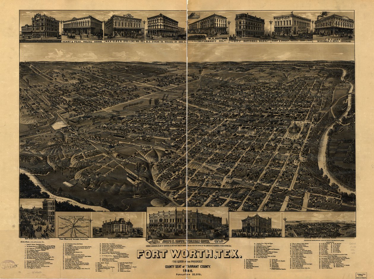 Perspektivkart ikke tegnet i målestokk. Fugleperspektiv. LC Panoramic maps (2nd ed.), 910 Også tilgjengelig via Library of Congress-nettstedet som et rasterbilde. Inkluderer illus., indeks til severdigheter og kart over Fort Worth jernbanefasiliteter. AACR av H. Wellge