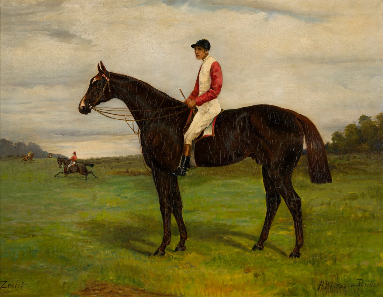 Zealot en bukt veddeløpshest med jockey, ca. 1871-1933 (olje på lerret) av H. Whittaker Reville