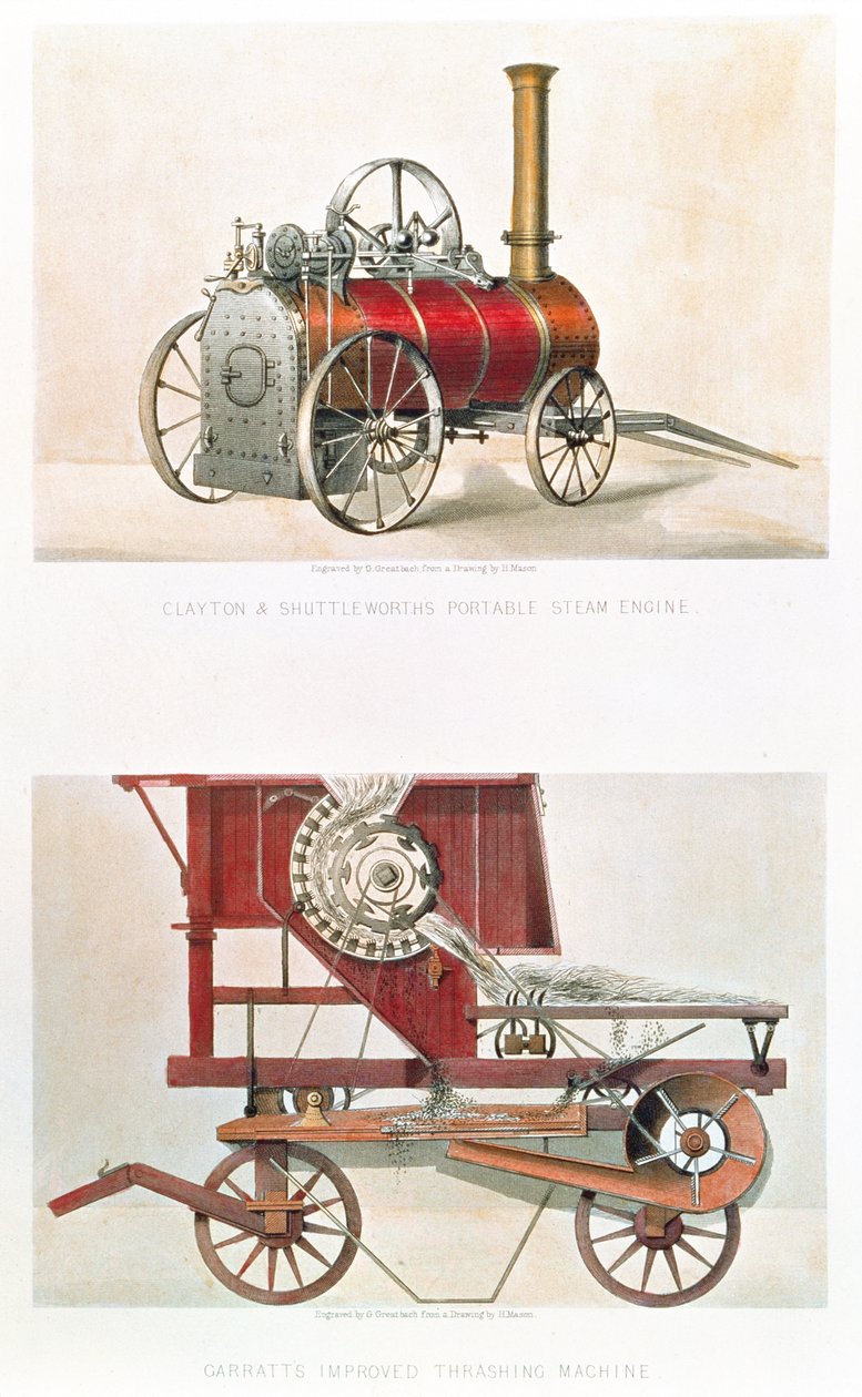 Clayton og Shuttleworths bærbare dampmaskin og Garratts forbedrede treskemaskin, gravert av G. Greatbach av H. after Mason