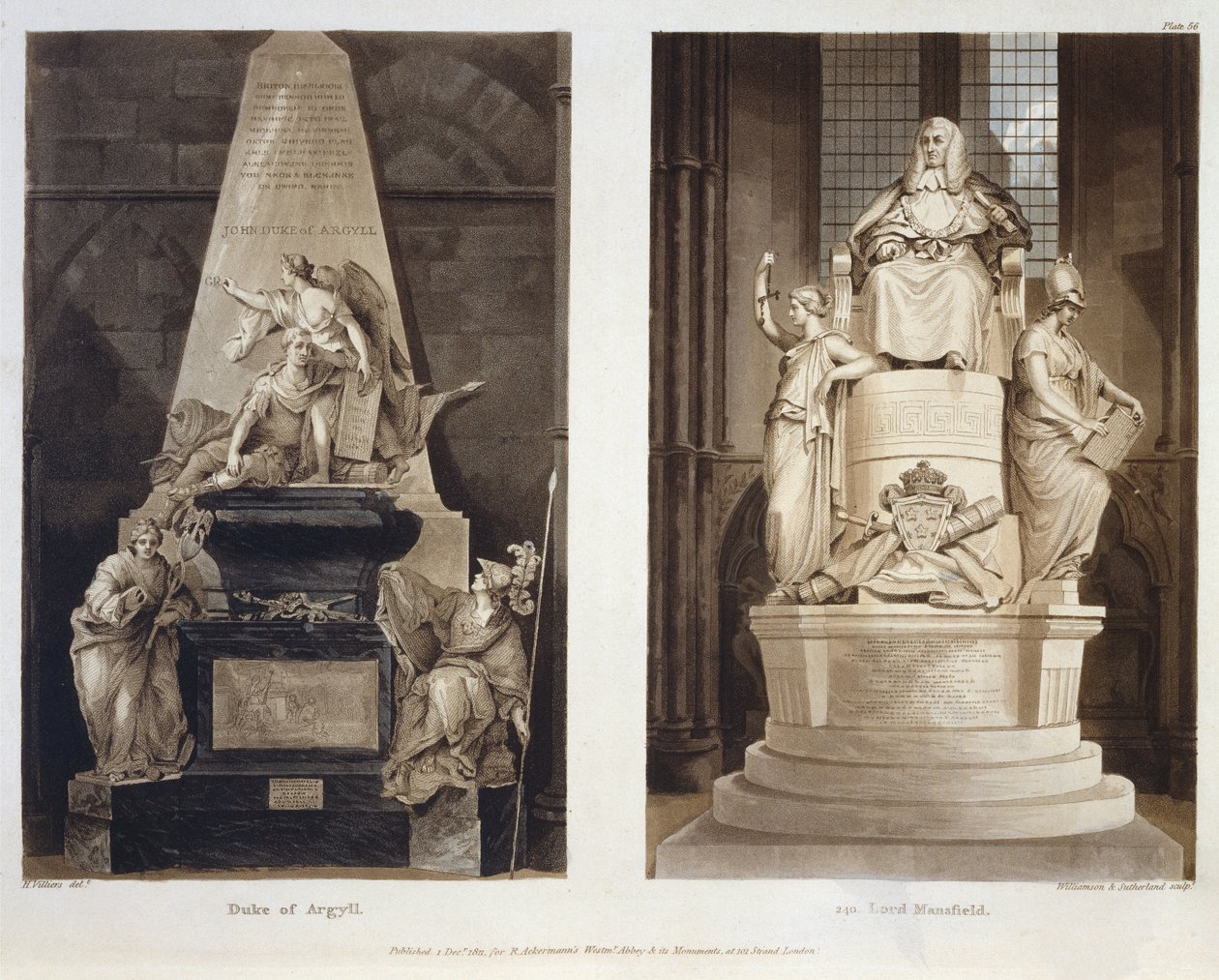 Tombs of the Duke of Argyll and Lord Mansfield, plate 56 fra Westminster Abbey, gravert av Williamson og Thomas Sutherland, pub. av Rudolph Ackermann (1764-1834) 1811 (akvatint) av H. after Villiers
