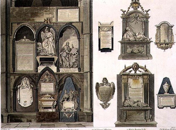 West Side of Poets Corner, plate 25 fra Westminster Abbey, gravert av puben J. Bluck (fl.1791-1831). av Rudolph Ackermann (1764-1834) 1811 (akvatint) av H. after Villiers