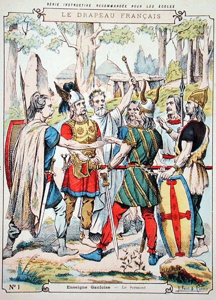 Galliske krigere som sverger en ed, fra et beskyttende omslag for skolebøker, sent på 1800-tallet (farge litho) av H. and Louis R. Feist