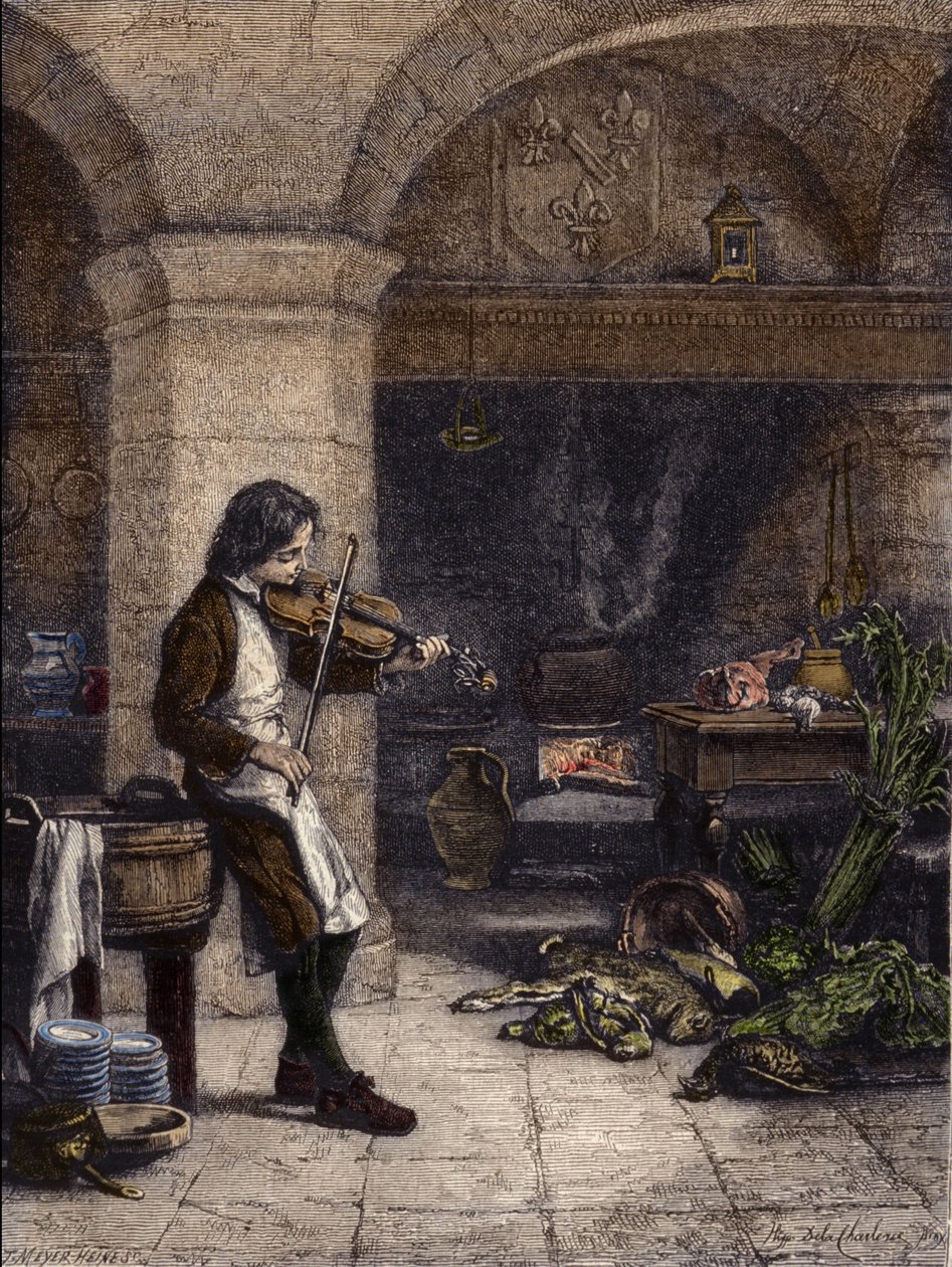 Jean Baptiste Lully (Giovanni Battista Lulli) (1632-1687), fransk komponist, deretter "" galopin"" eller marmiton av Mademoiselle de Montpensier. Gravering av T. Meyer-Heine (Meyer Heine) etter tegning av Hippolyte de La Charlerie (1827-1867). av H. de la (after) Charlerie