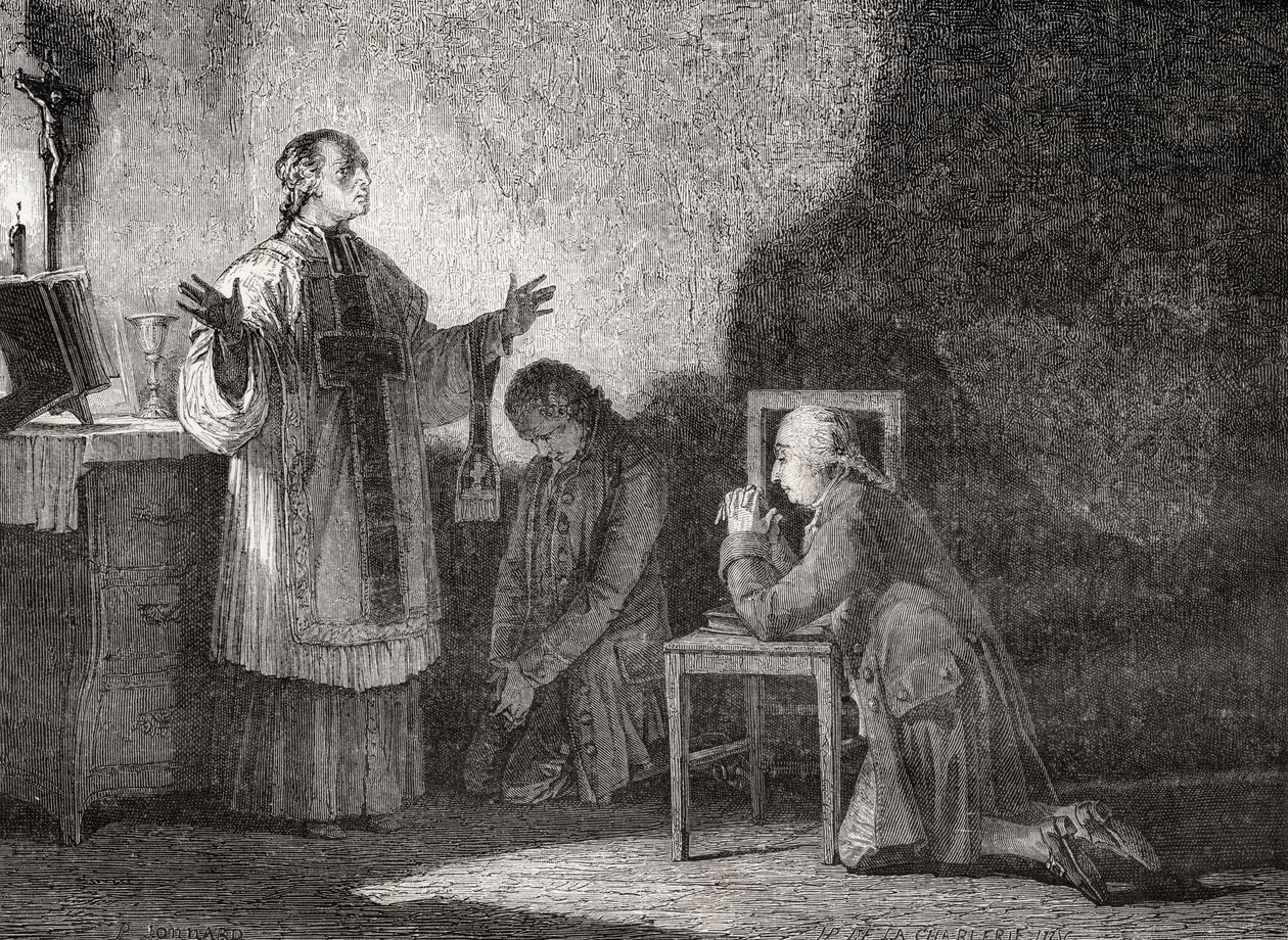 Louis XVI (1754-93) ved bønn før henrettelse av H. de la Charlerie