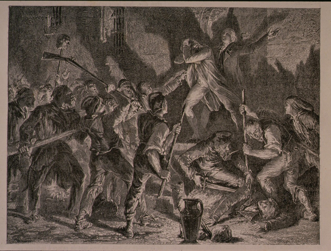 Massakren i fengslene i september 1792, gravert av Jean-Baptiste Charles Carbonneau (f.1815) av H. de la Charlerie