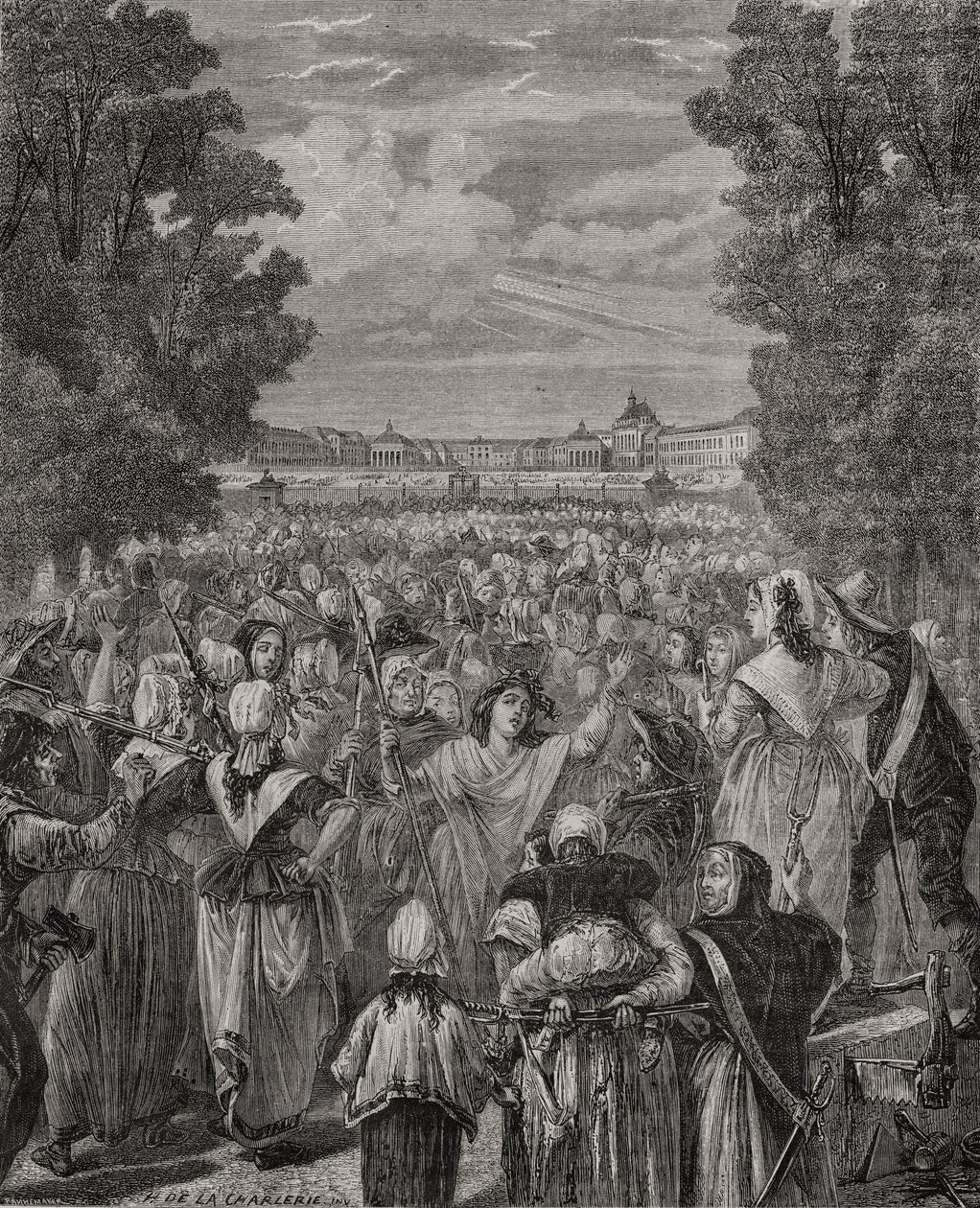 Kvinnene marsjerer mot Versailles, 5.-6. oktober 1789, gravert av Pannemaker-Ligny, fra 'Histoire de la Revolution Francaise' av Louis Blanc (1811-82) av H. de la Charlerie