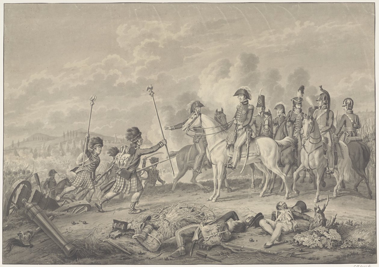Duke of Wellington mottar to standarder med ørner fanget fra franskmennene under slaget ved Waterloo, 1815 av Haatje Pieters Oosterhuis