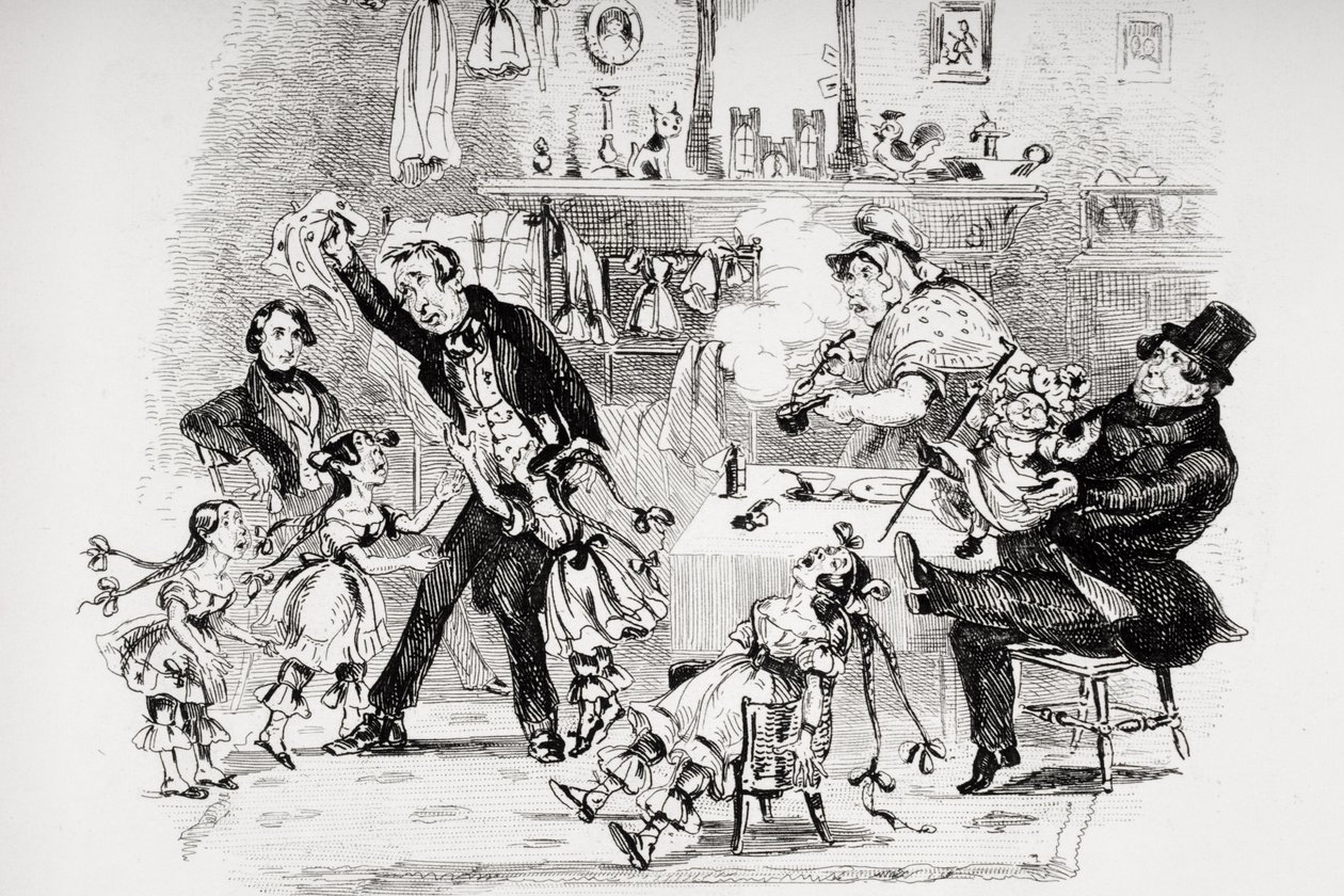 Emotion of Mr. Kenwigs på å høre familienyhetene fra Nicholas, illustrasjon fra `Nicholas Nickleby' av Charles Dickens (1812-70) publisert 1839 (se også 259139) av Hablot Knight Browne