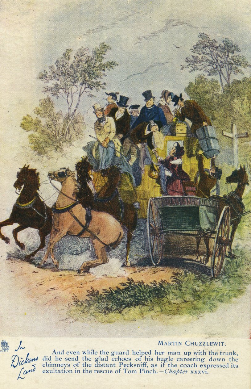 I Dickens Land - Martin Chuzzlewit postkort, ca. 1907 av Hablot Knight Browne
