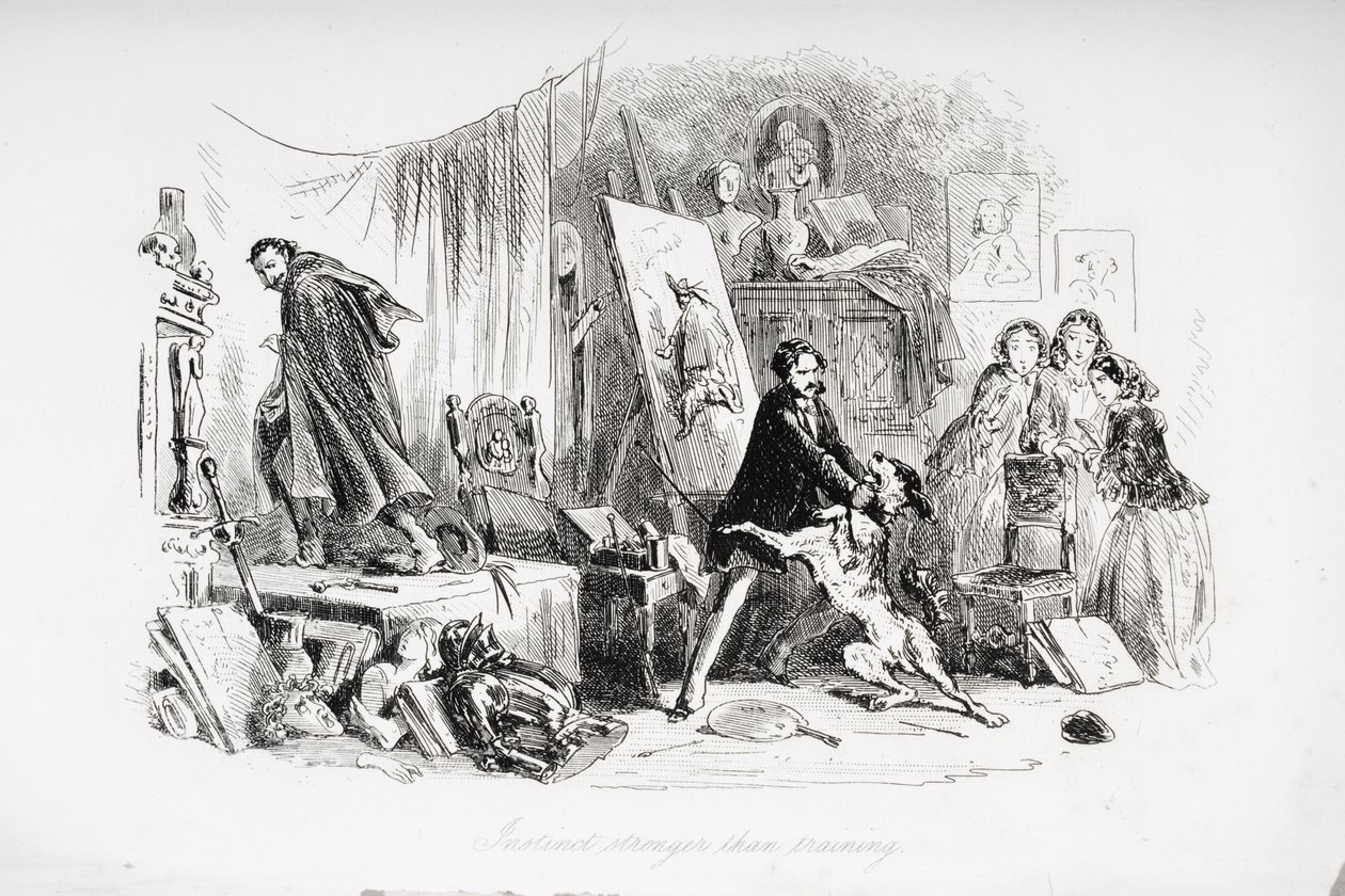 Instinkt sterkere enn trening, illustrasjon fra 'Little Dorrit' av Charles Dickens (1812-70) først publisert 1857 av Hablot Knight Browne