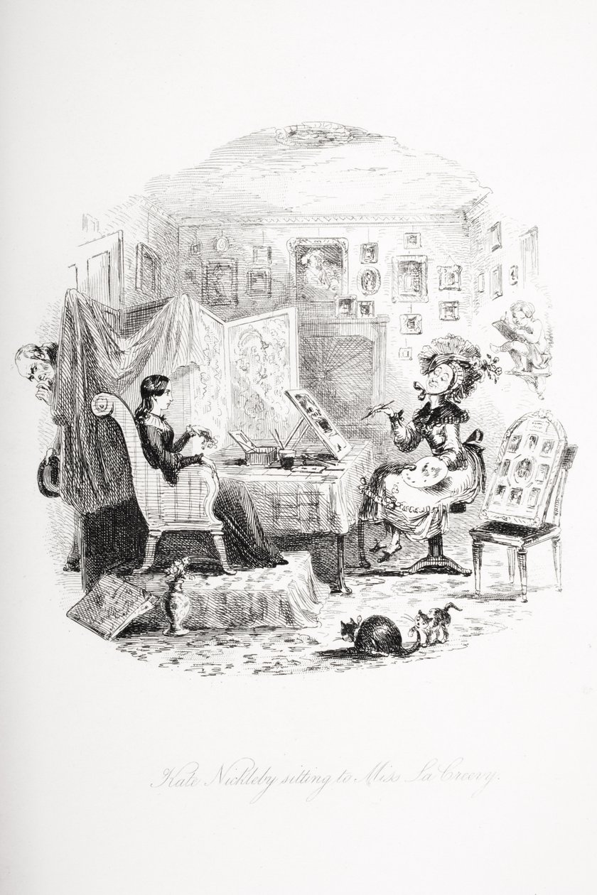 Kate Nickleby sitter til Miss La Creevey, illustrasjon fra `Nicholas Nickleby' av Charles Dickens (1812-70) publisert 1839 av Hablot Knight Browne