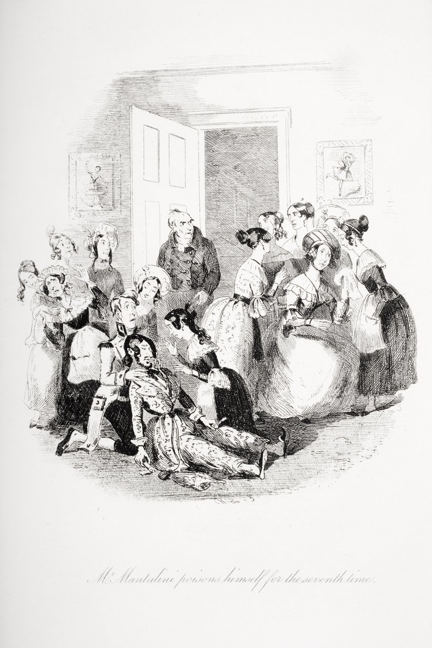 Mr. Mantalini forgifter seg selv for syvende gang, illustrasjon fra `Nicholas Nickleby