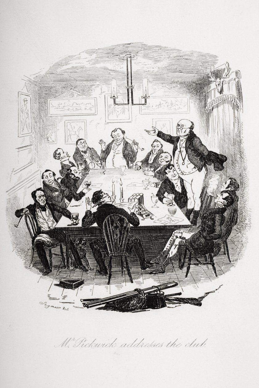 Mr. Pickwick henvender seg til klubben, illustrasjon fra `The Pickwick Papers