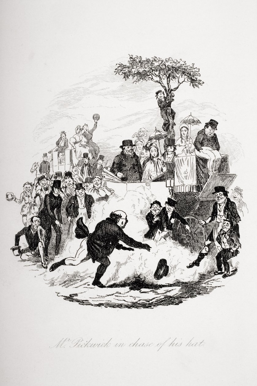 Mr. Pickwick i jakten på hatten sin, illustrasjon fra `The Pickwick Papers