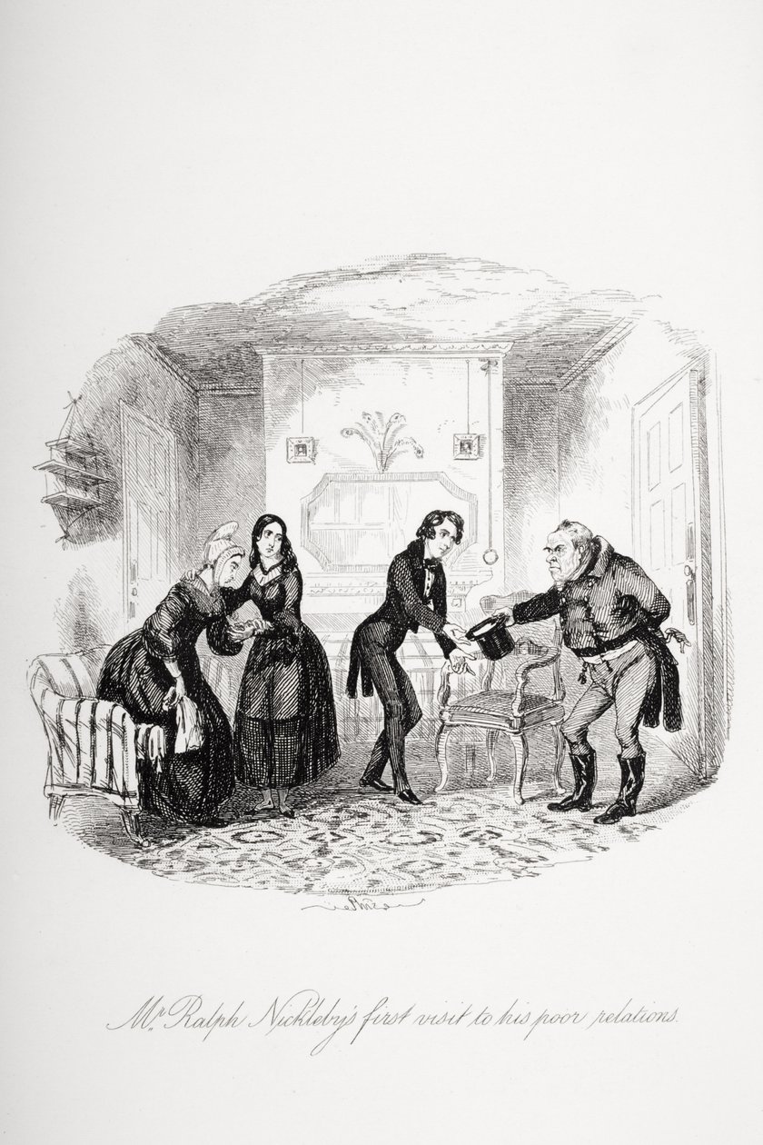 Mr. Ralph Nicklebys første besøk til hans fattige slektninger, illustrasjon fra `Nicholas Nickleby