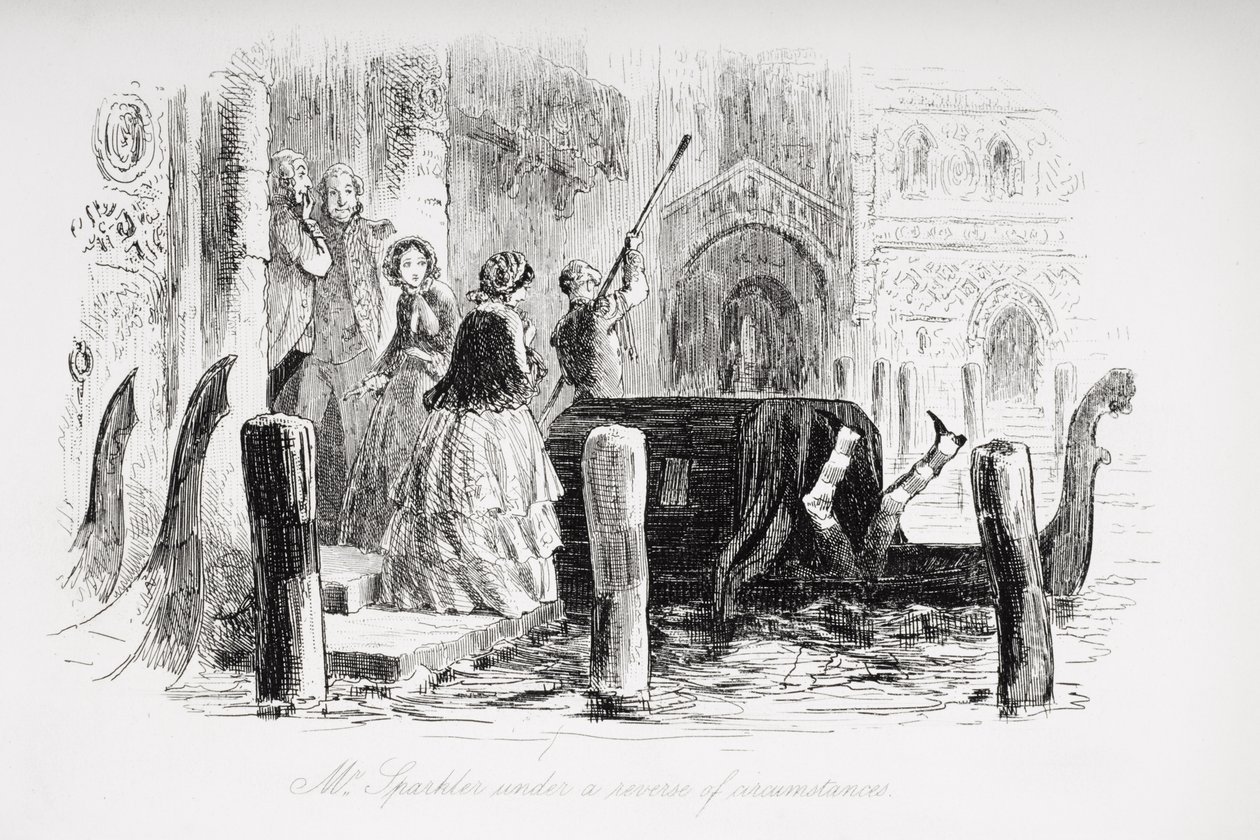 Mr. Sparkler under omvendte omstendigheter, illustrasjon fra "Little Dorrit" av Charles Dickens (1812-70) først publisert 1857 av Hablot Knight Browne