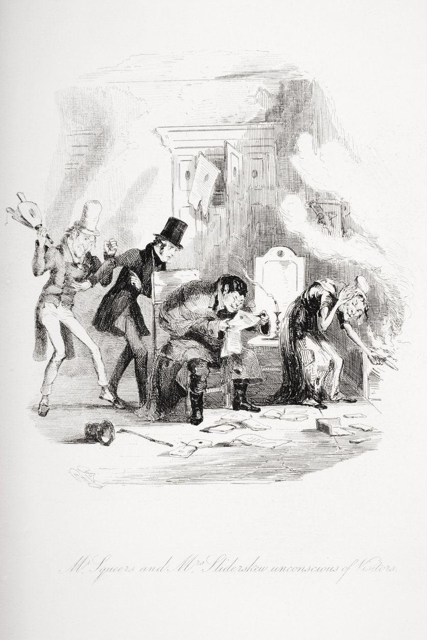 Mr. Squeers og Mrs. Sliderskew bevisstløse av besøkende, illustrasjon fra `Nicholas Nickleby
